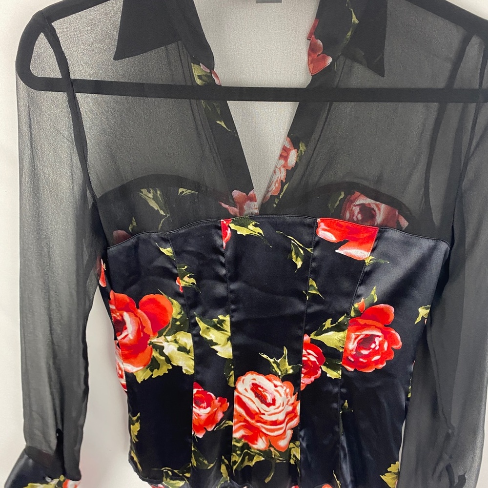 Cache Silk Blend Button Up Blouse Size Xs Black F… - image 5